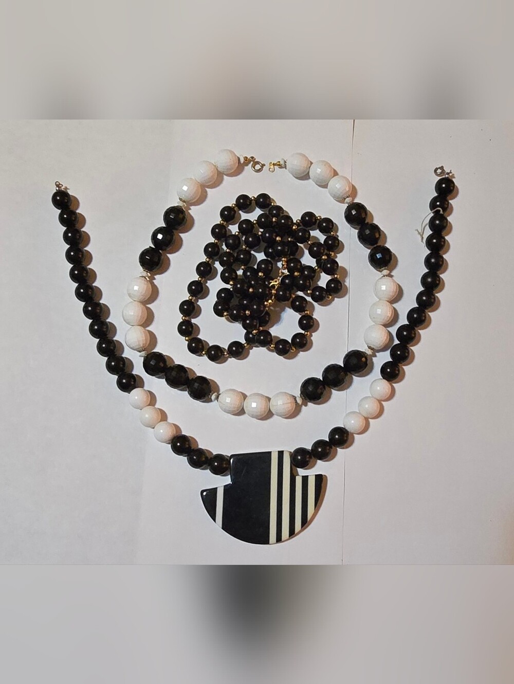 3 Vintage Monet etc Black and White Chunky MCM MOD Bead Beaded necklaces 1960-70
